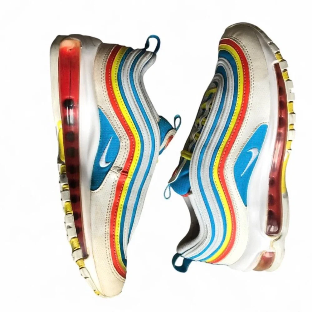 Nike Air Max 97 Shoes Youth Size 5Y White Blue Red Yellow GS Retro Running.